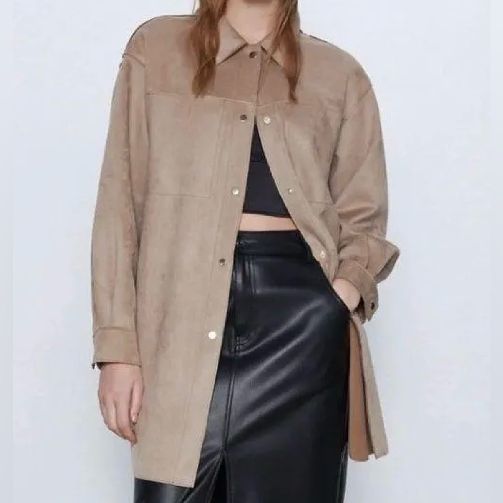 NWOT Philosophy Tan Faux Suede Button Down Shacket Oversized Long Shirt Jackets